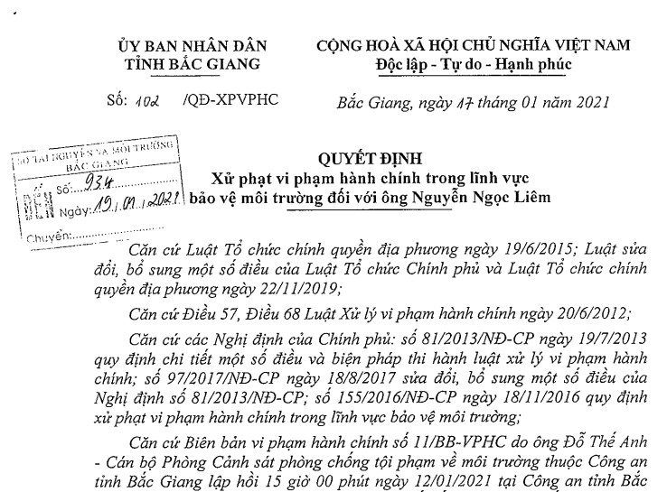 Quyết định v/v xử phạt vi phạm hành chính trong lĩnh vực BVMT đối với ông Nguyễn Ngọc Liên