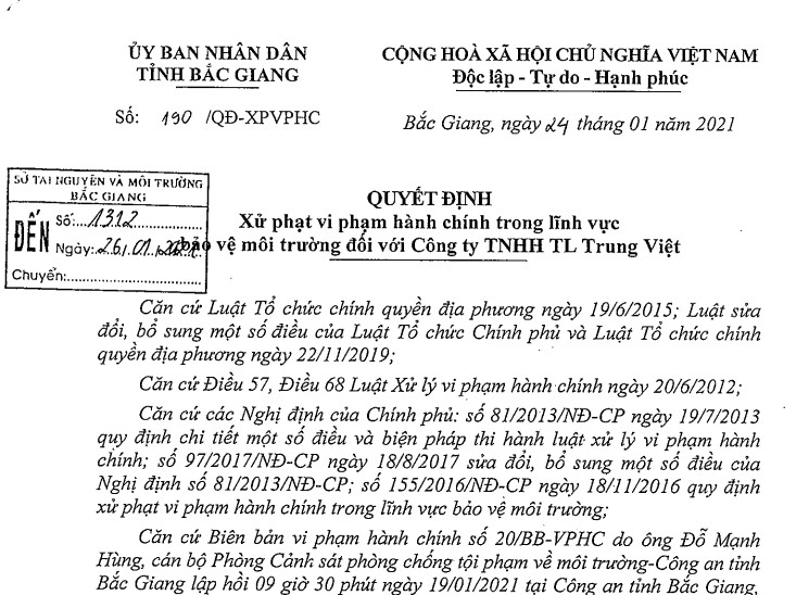 Quyết định v/v xử phạt vi phạm hành chính trong lĩnh vực BVMT đối với Công ty TNHH TL Trung Việt