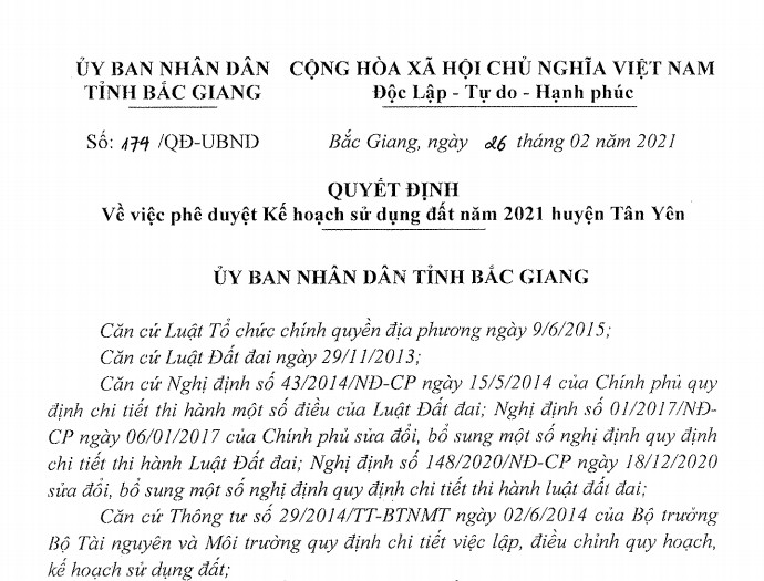 QĐ v/v phê duyệt kế hoạch sử dụng đất năm 2021 huyện Tân Yên