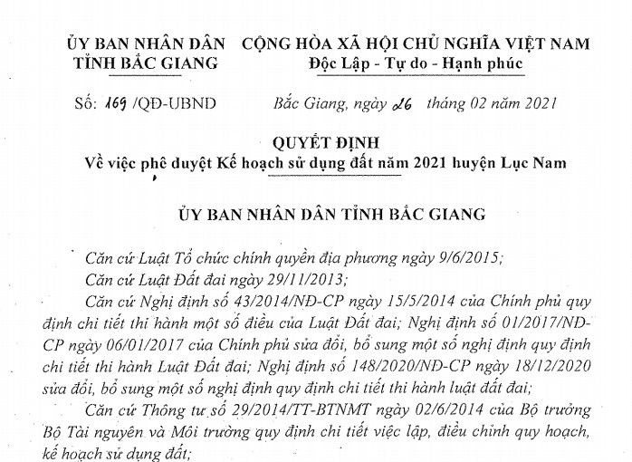 QĐ v/v phê duyệt kế hoạch sử dụng đất năm 2021 huyện Lục Nam