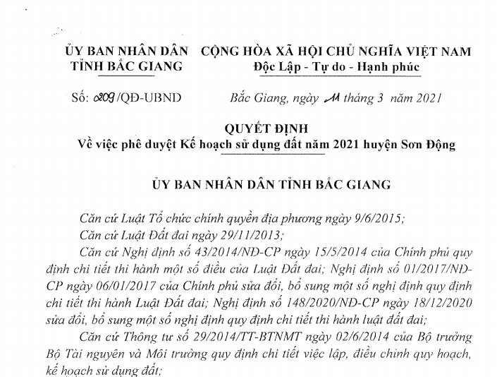 QĐ v/v phê duyệt Kế hoạch sử dụng đất năm 2021 huyện Sơn Động