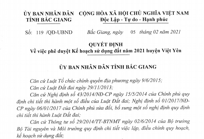 QĐ V/v phê duyệt kế hoạch sử dụng đất năm 2021 huyện Việt Yên