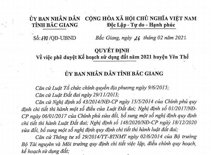QĐ v/v phê duyệt kế hoạch sử dụng đất năm 2021 huyện Yên Thế