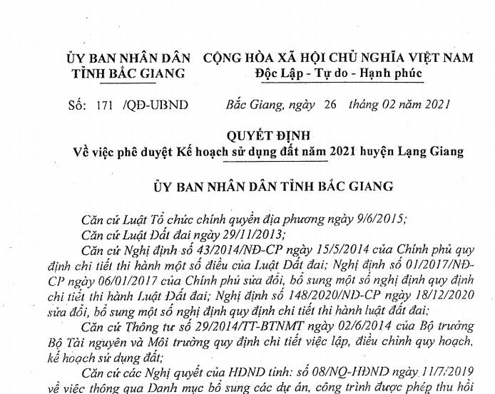 QĐ v/v phê duyệt kế hoạch sử dụng đất năm 2021 huyện Lạng Giang
