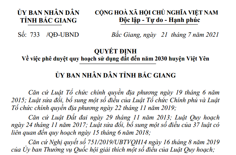 Quyết định phê duyệt quy hoạch sử dụng đất đến năm 2030 huyện Việt Yên