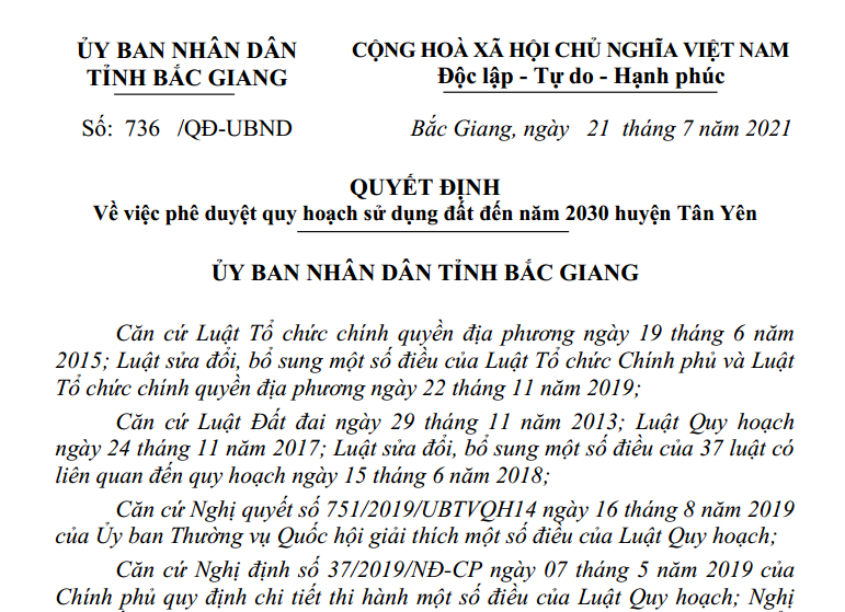Quyết định phê duyệt quy hoạch sử dụng đất đến năm 2030 huyện Tân Yên