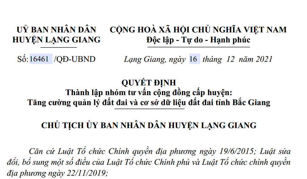 Quyết định Thành lập nhóm tư vấn cộng đồng huyện Lạng Giang