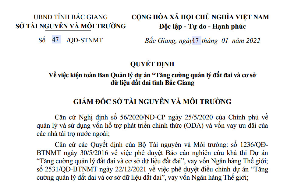 Quyết định kiện toàn BQL dự án VILG Bắc Giang