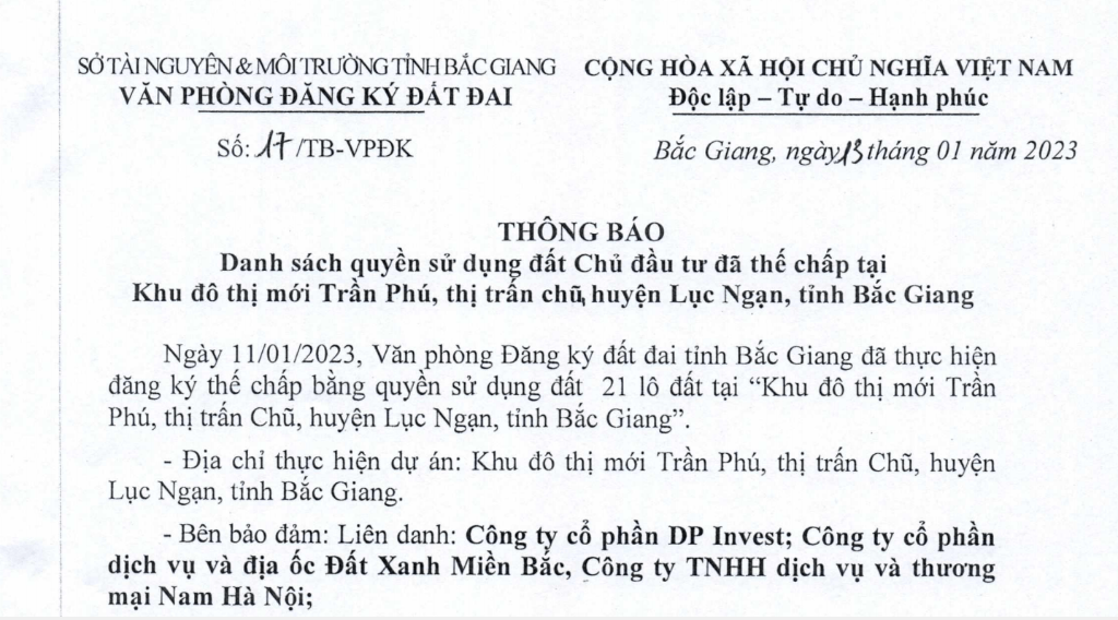 Thông báo số danh sách quyền sử dụng đất Chủ đầu tư đã thế chấp tại khu đô thị mới Trần Phú , thị...