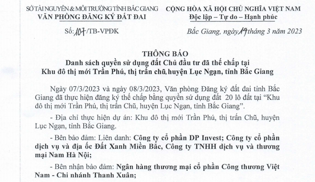 Thông báo danh sách quyền sử dụng đất Chủ đầu tư đã thế chấp tại khu đô thị mới Trần Phú , thị...