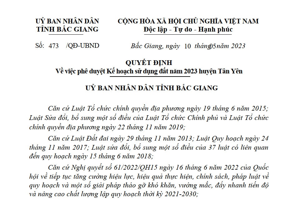 Quyết định về việc phê duyệt Kế hoạch sử dụng đất năm 2023 huyện Tân Yên