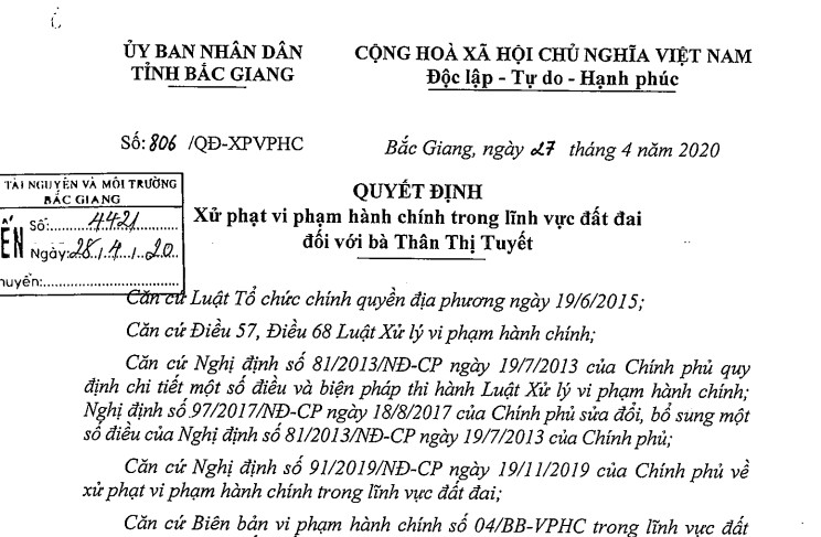 Xử phạt vi phạm hành chính trong lĩnh vực đất đai đối với bà Thân Thị Tuyết