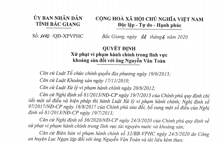 Xử phạt vi phạm hành chính trong lĩnh vực khoáng sản đối với ông Nguyễn Văn Toàn